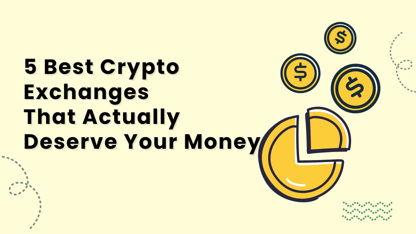 Graphic titled '5 Best Crypto Exchanges That Actually Deserve Your Money' in black text on cream background, with decorative golden dollar sign coins and dotted lines in upper right, plus large golden pie chart icon in lower right corner.