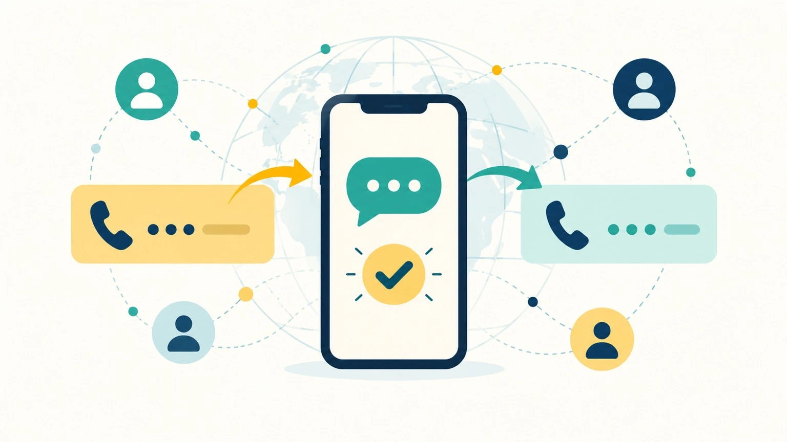a dark blue cell phone in the center displays a teal bubble and a yellow checkmark; phone cards are connected to the cell phone by arrows on either side, with a pale grid of globe, a dotted network line, and four person icons in the background.